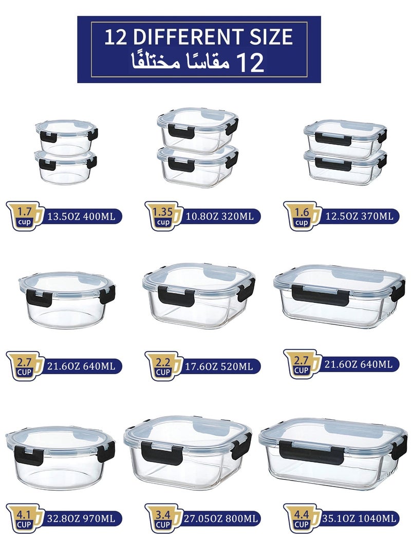 WEMART 12-Piece Glass Food Storage Containers with Airtight Lids, Glass Meal Prep Containers for Kitchen Storage, Leak-Proof & BPA-Free, Microwave, Oven, Freezer and Dishwasher Safe, Black - Image 2